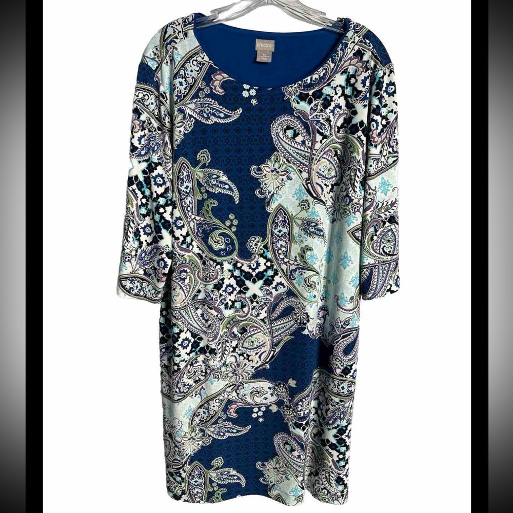 Chico's Blue Paisley White Stretch Dress Size 3P XLP Liquid Knit WORN ONCE